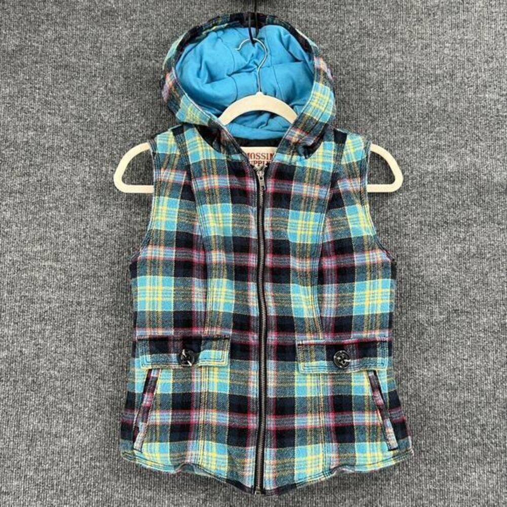 Mossimo Womens Plaid Vest Sleeveless Jacket Size S Quilt Lined Hooded Pockets